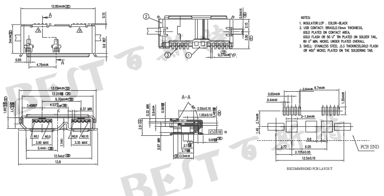 USB插座USB-MC-001-08全贴参考图纸