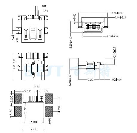 USB插座MIN USB-5P沉板长体