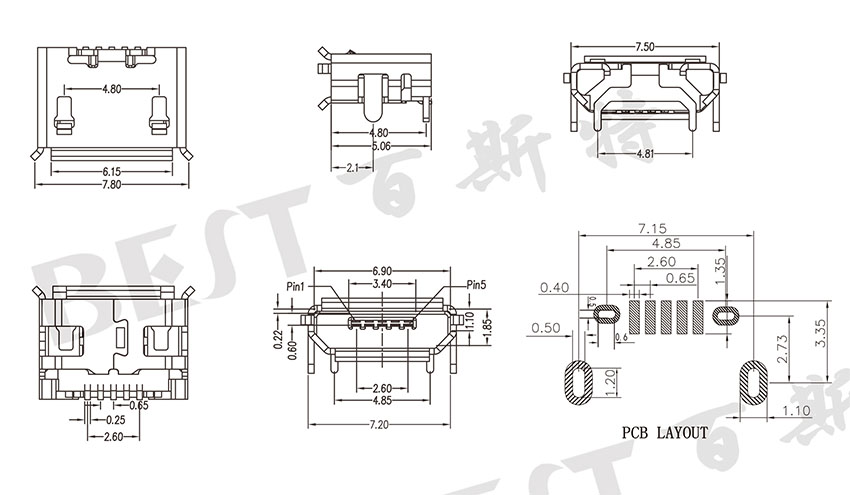 USB插座USB-MC-001-05参考图纸