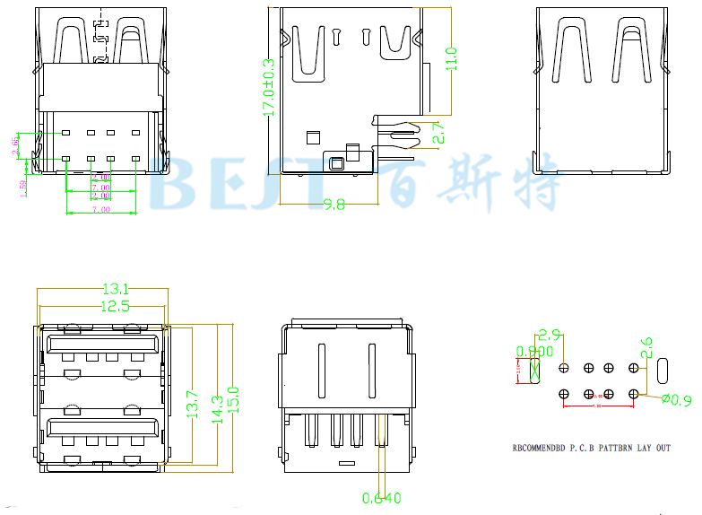 USB插座USB-A2-03参考图纸
