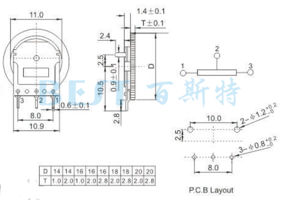 拨盘电位器WH140-1 SMD参考图纸