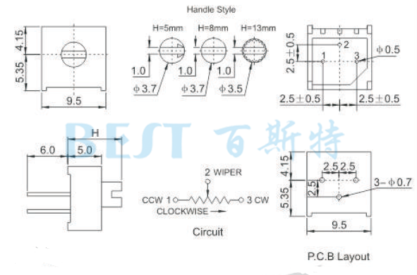 精密电位器JML3386PL(3-5-8)参考图纸