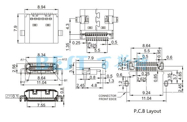 usb插座USB-C-09 24PIN沉板_参考图纸