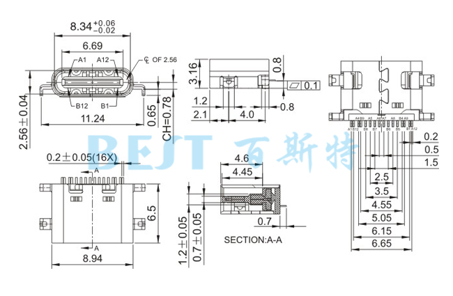 usb插座_USB-C-08 16PIN沉板_参考图纸