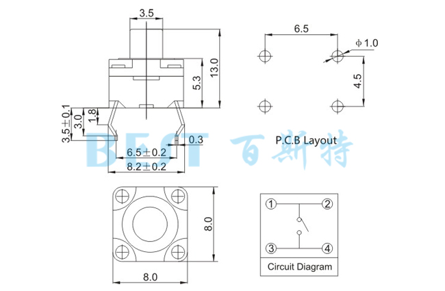 轻触开关TS-1109KB参考图纸