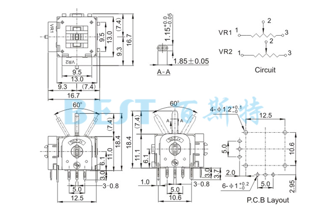 摇杆电位器RJ13-60-B103参考图纸