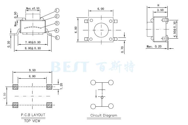 轻触开关6×6_TS-1109W_参考图纸