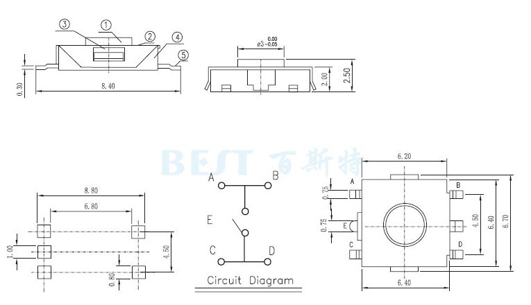 轻触开关6×6_TS-1157_参考图纸