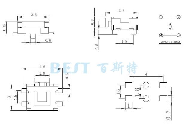 轻触开关3×4_TS-1186E_参考图纸