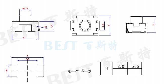 轻触开关3×4_TS-1185U_参考图纸