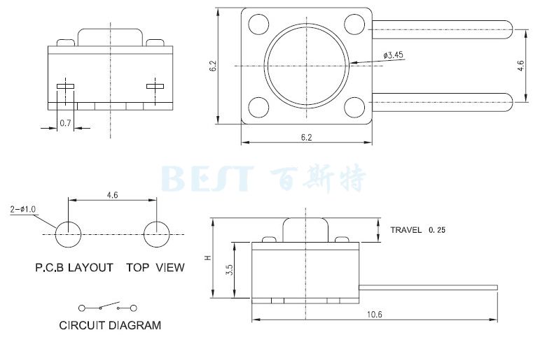 贴片轻触开关6*6_TS-1109C_参考图纸