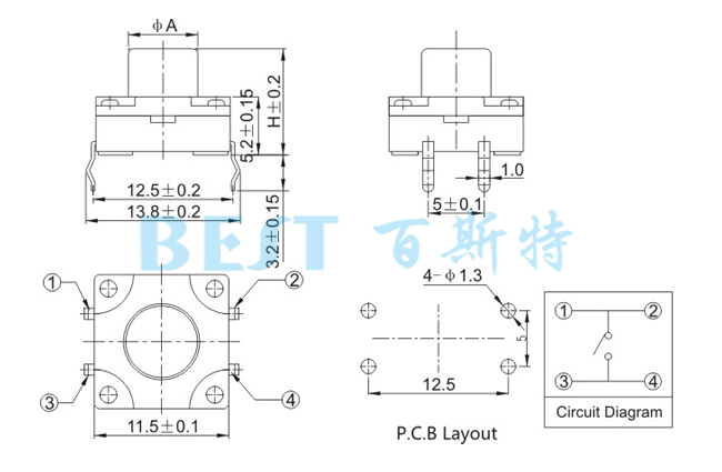 轻触开关TS-1103K_参考图纸