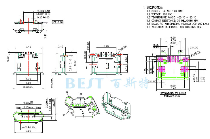 USB插座USB-MC-001-04参考图纸